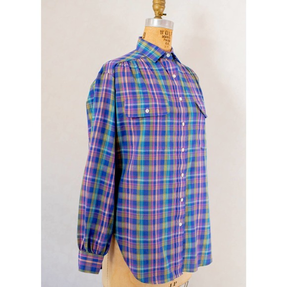 Vintage 80s prairie style, purple plaid button down shirt, women's small med - Picture 6 of 9